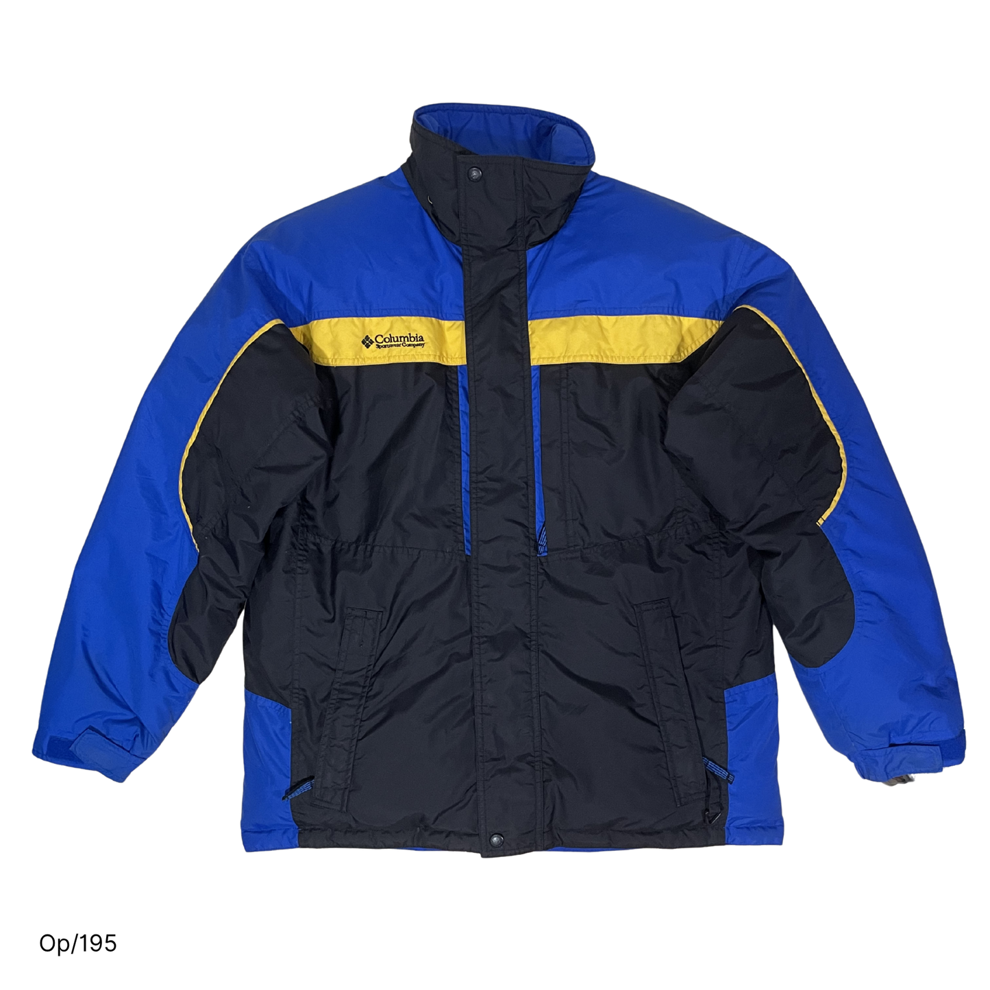 Parka Columbia de pluma Azul, Negro y Amarillo, de Hombre Juvenil XL.