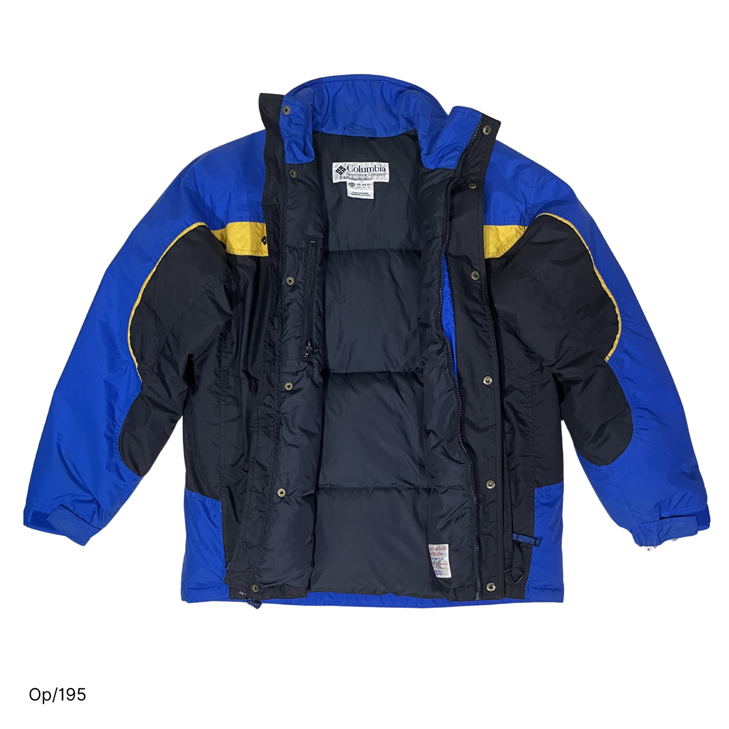 Parka Columbia de pluma Azul, Negro y Amarillo, de Hombre Juvenil XL.