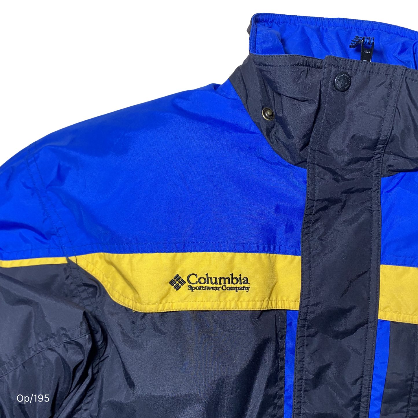 Parka Columbia de pluma Azul, Negro y Amarillo, de Hombre Juvenil XL.